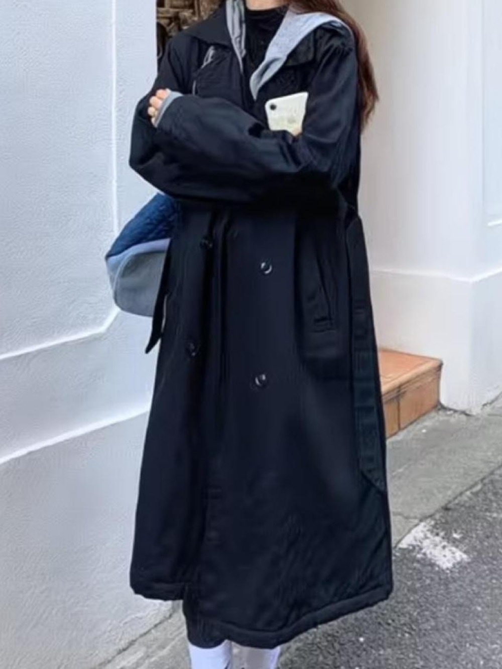 Long Black Trench Coat with Hood